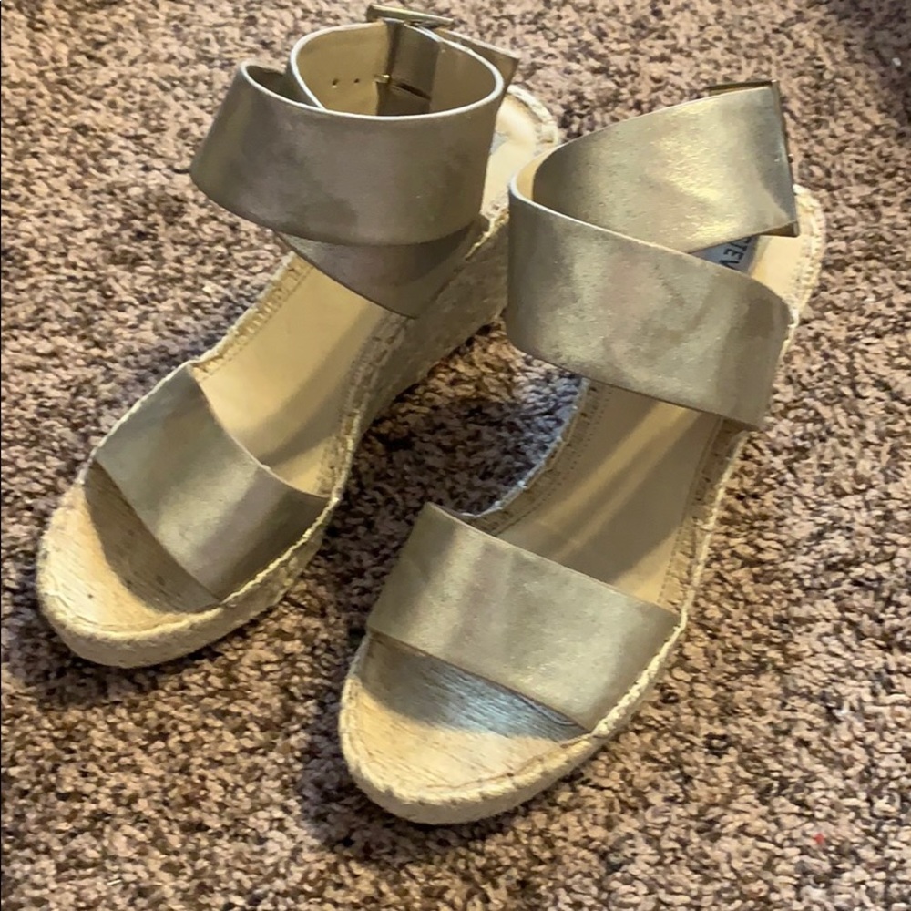 Gold Steve Madden ankle wrap around wedges